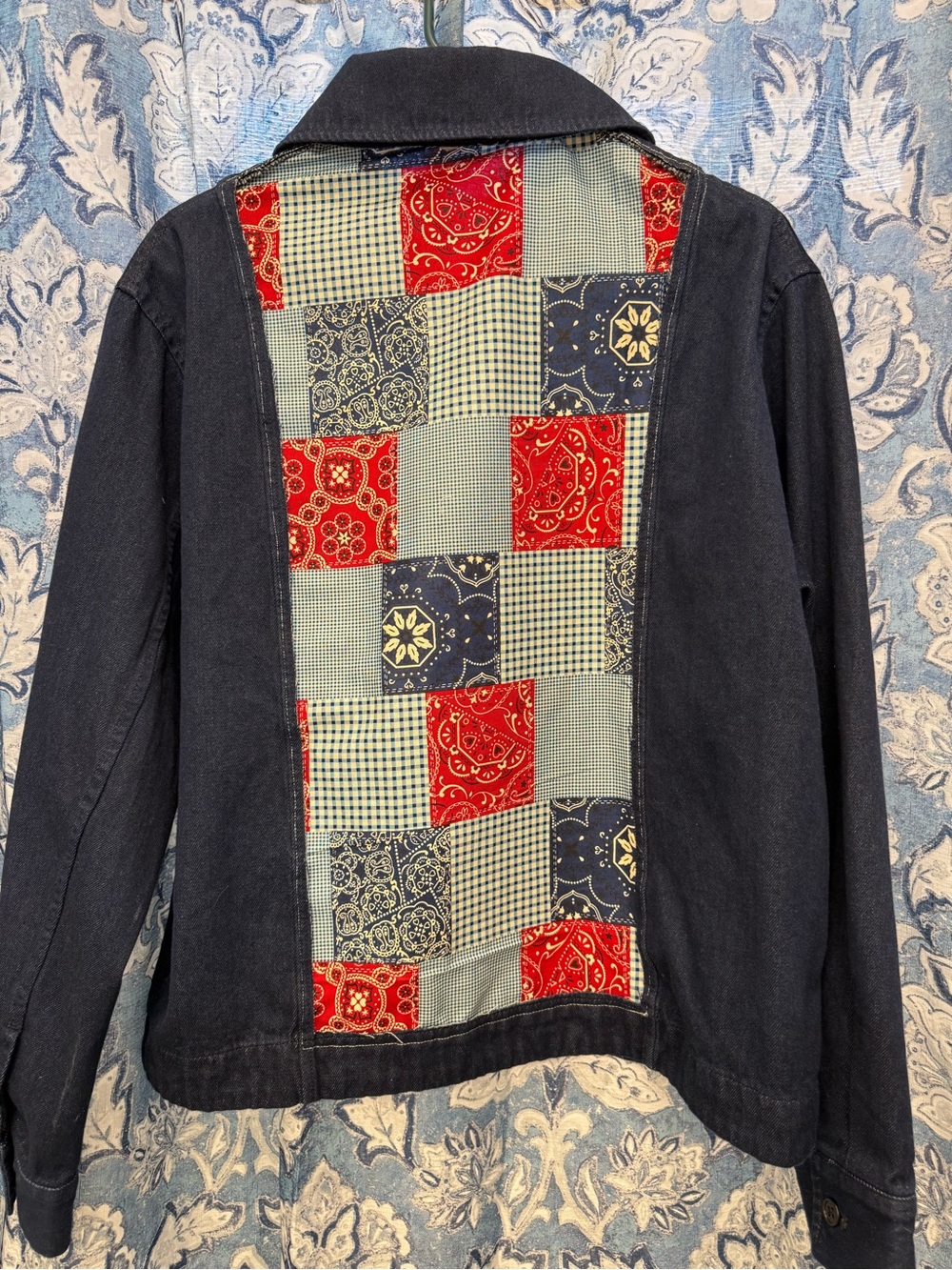 Navy Jean Jacket with Red & Blue Patchwork Back